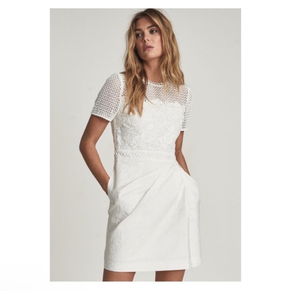 New! REISS London Freyda Lace Sheer Crochet Detailing Mini Dress in White